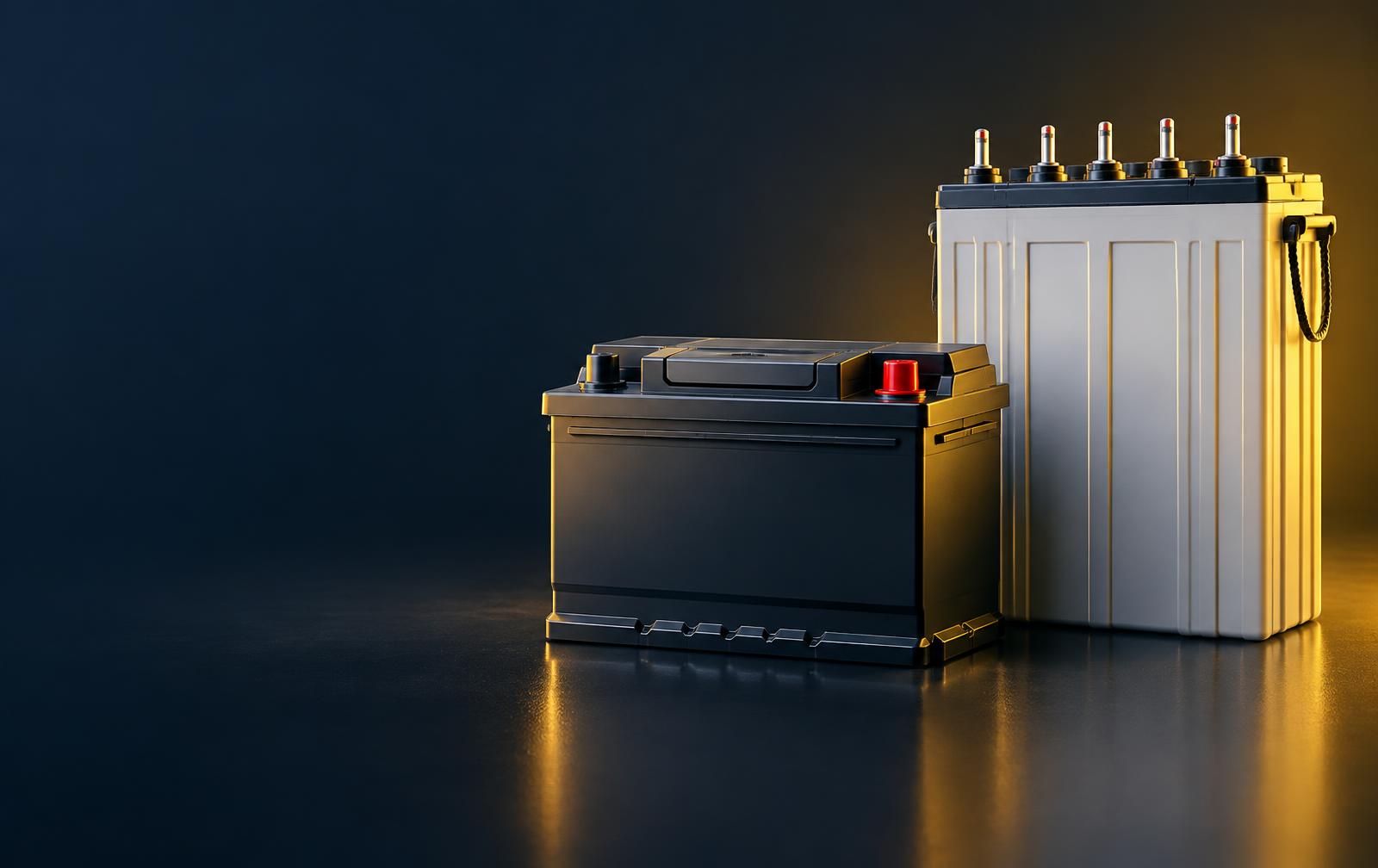 Car battery and inverter battery on a dark studio surface